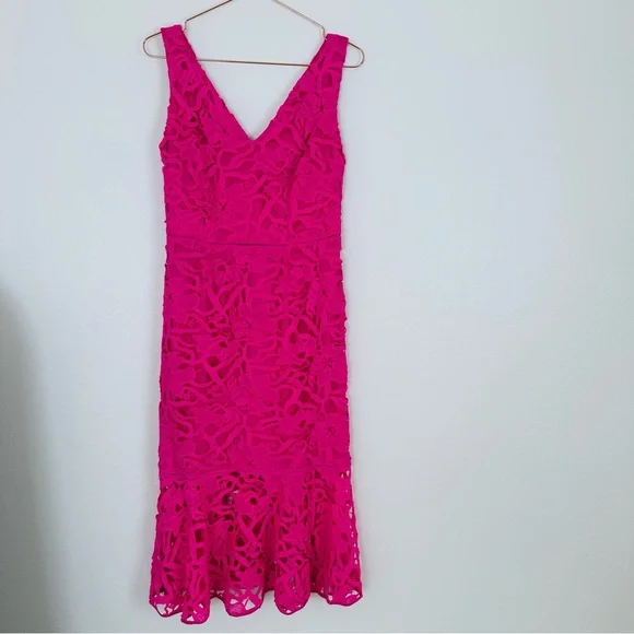 Alexia Admor Floral Lace V-neck Peplum Hem Eyelet Pink Midi Dress - Picture 10 of 14
